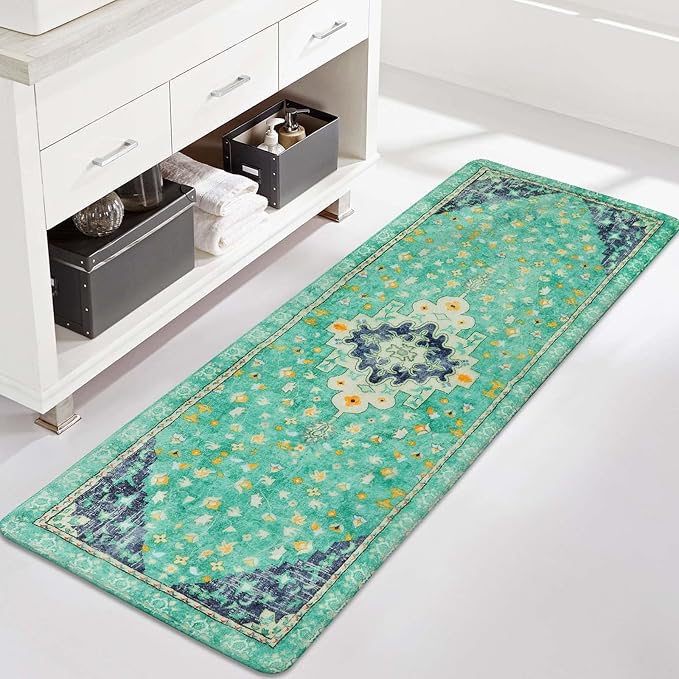 Uphome Retro Long Boho Rug Green Non-Slip Soft Bathroom Rug Runner Machine Washable Oriental Bathroom Mats Traditional Farmhouse Floral Bath Rug for Shower Tub Vanity, 20x59 inch