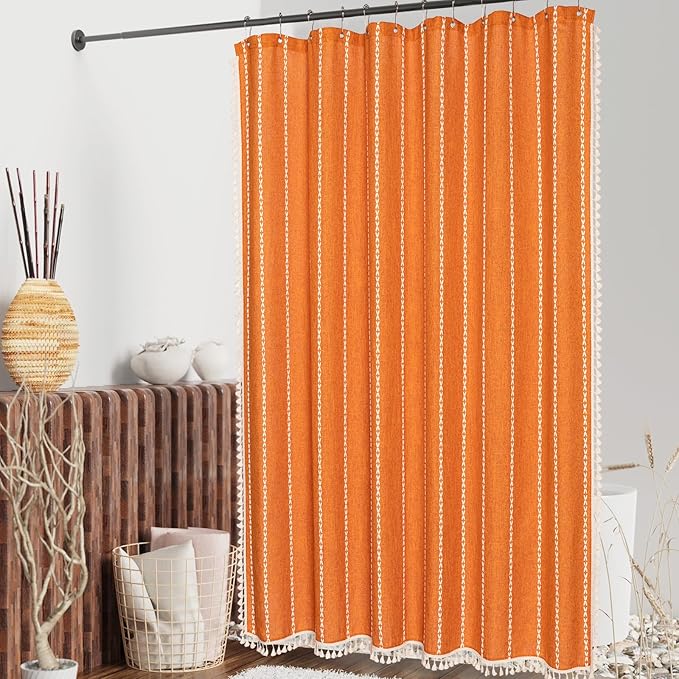 MitoVilla Orange Boho Fabric Shower Curtain, Modern Farmhouse Polyester Linen Shower Curtains for Vintage Rustic Bathroom Decor, Country Tassel Thick Cloth Shower Curtain, 72 x 72