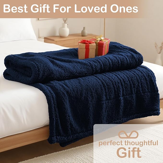 Electric Heated Blanket 6 Heating Settings & 3 H Auto Off Throw Size 50×60 Double Sided Plush Sherpa Ultra-Soft Warm Thick, Machine Washable, Fast Heating, Home Office Dark Blue