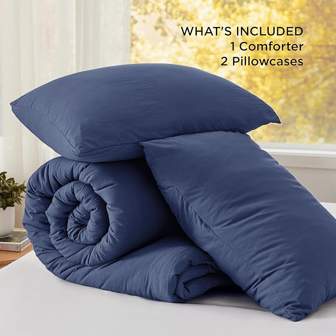 Bedsure Oversized Queen Comforter Set, Navy Soft Prewashed Bed Comforter for All Seasons, 3 Pieces Warm Bedding Sets, 1 Lightweight Comforter (98"x98") and 2 Pillowcases (20"x26")