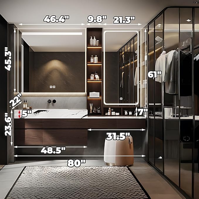 Bathroom Vanity with Sink - Luxury Bathroom Sink Cabinet, Floating Vanity with Smart Defogging Mirror & Storage Drawer, Multi-Layer Solid Wood Panel - Complete Accessories (80")