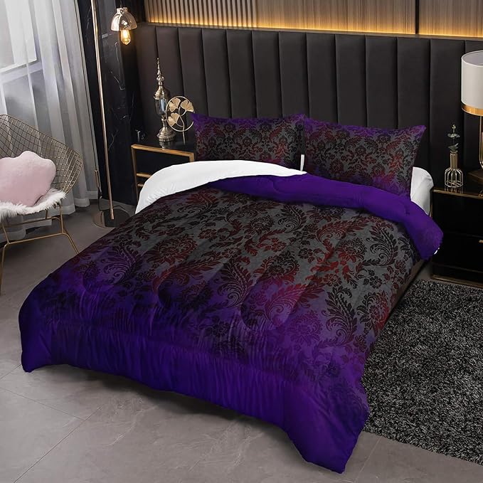 Black Purple Paisley Floral Victorian Gothic Comforter Set Queen，Gothic Bedding Set Queen Purple，with 1 Comforter with 2 Pillow Case，Halloween Room Decor for Bedroom