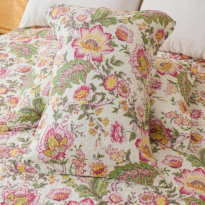 Cmfshape Floral Quilt Sets Bedspread Set 100% Cotton Bedding Set, All Season Use Lightweight Reversible Coverlet Quilts with 2 Pillow Shams(King 106"x96")