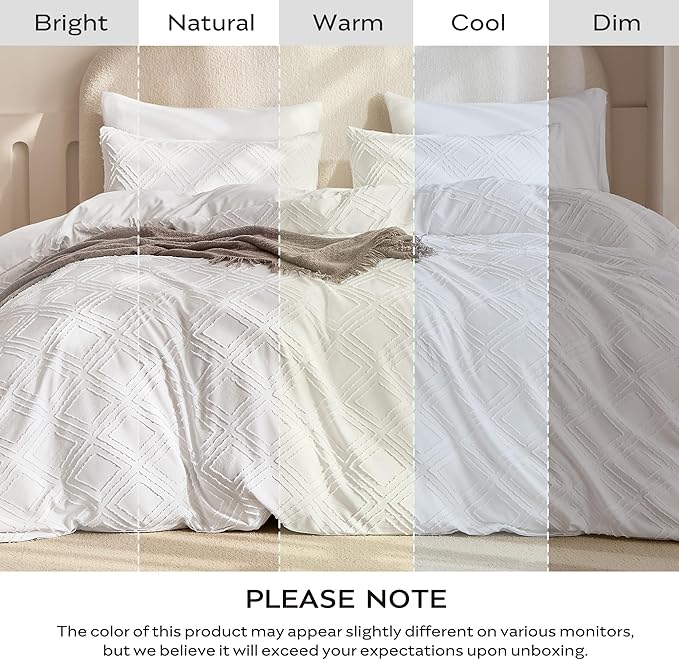 JELLYMONI Duvet Cover King Size Bright White - 3PCS Boho Duvet Cover Set Plaid Polyester Tufted Bohemian Jacquard Knit Textured Comforter Cover 104×90in Rhombic Geometric Pattern Zipper Corner Tie