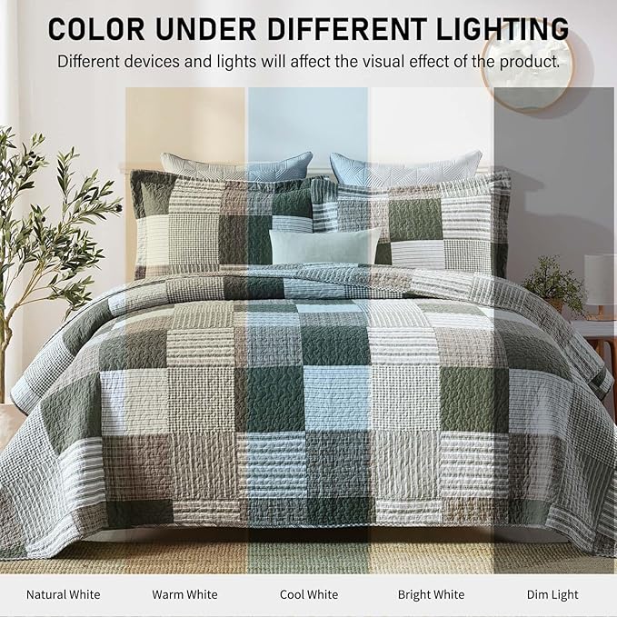 KALOOLA Plaid King Quilt Set, 100% Cotton Green Beige King Bedding Set 3 Pieces, Farmhouse Lightweight Bedspread Coverlet for All Seasons, 1 Quilt 2 Pillowshams