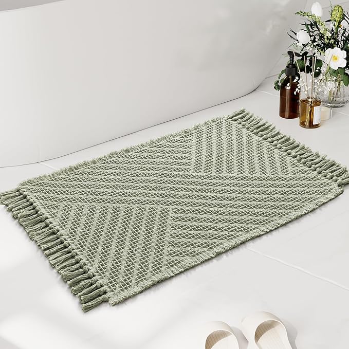 H.VERSAILTEX Waffle Bath Mat Super Absorbent Boho Bath Mat Non Slip Bath Rugs for Bathroom Floor Machine Washable Dry Fast Bathroom Rugs with Handmade Tassels, 24" x 36", Sage
