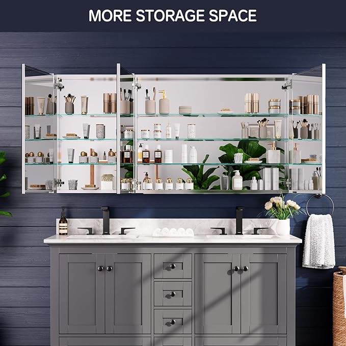 Medicine Cabinet 60" x 30", Bathroom Medicine Cabinet with Mirror, Recessed Medicine Cabinets with Adjustable Shelves, Soft-Closing Door, and Aluminum Alloy Frame - Reverse Installation, Silver