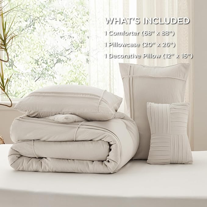 Bedsure Twin Comforter Set - 3 Pieces Grid Pleat Bed Set, Beige Boho Bedding for All Season, 1 Soft Comforter, 1 Pillowcase, 1 Decorative Pillow