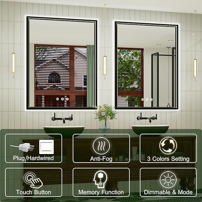 30x36 Inch Black LED Bathroom Mirror with Front and Back Lights, 3000K/4500K/6000K, Wall Mounted Framed Lighted Bathroom Vanity Mirror, Stepless Dimmable, Anti-Fog, Horizontal/Vertical