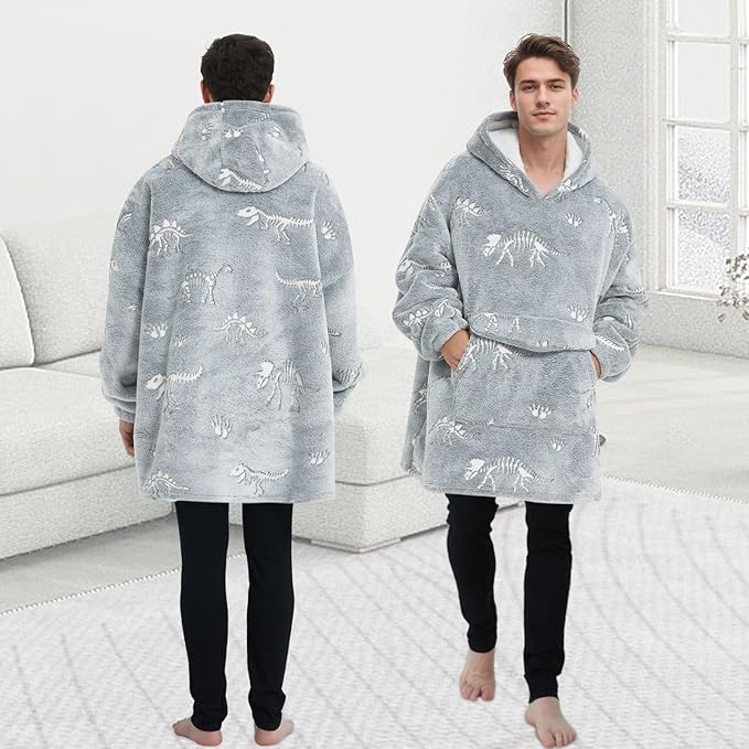 Wearable Blanket Hoodie for Adult,Oversized Sherpa Fleece Blanket Hoodie for Women Men,Glow in The Dark Dinosaur Fossil