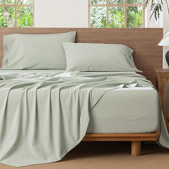 MooMee Bedding Sheet Set 100% Washed Cotton Linen Like Textured Breathable Durable Soft Comfy (Heathered Sage Green, Twin)