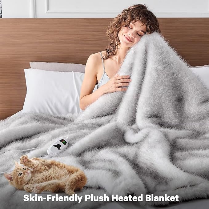 Heated Electric Blanket Twin, Octrot 60"X80" Faux Fur Heating Blanket Luxury Christmas Gifts Heavy Plush with 10 Heats Levels & 8 Hours Auto Off,Super Cozy Warm Fuzzy,Fluffy Decor Winter Warming,White