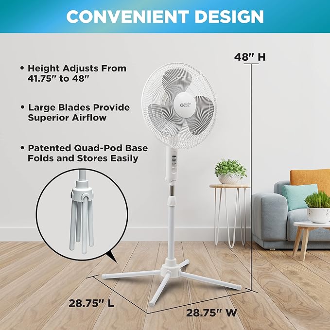 Comfort Zone Stand Fan, 16 inch Pedestal Fan for Bedroom, 3 Speed Floor Fan, 90 Degree Oscillation, Adjustable Height, Adjustable Tilt, Oscillating Air Circulator, Quiet Fan for Home or Office, White