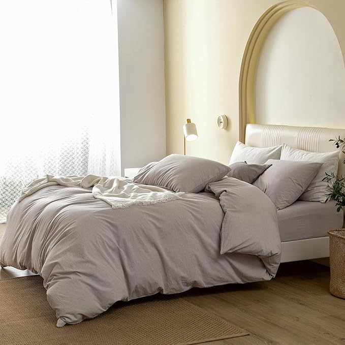 JIYUAN 100% Washed Cotton Duvet Cover Set 3 Pieces Super Queen, 1 Duvet Cover 90x98 Inches(Comforter Not Included) and 2 Pillowcases,Linen Feel Bedding Set Comfy and Breathable, Heathered Linen