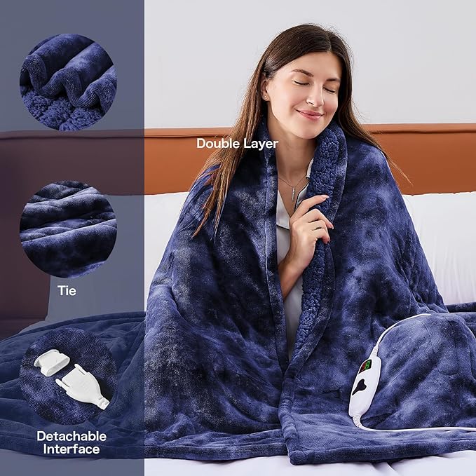 greenoak Heated Electric Blanket Throw, Faux Fur Sherpa Heating Blanket for Sofa Bed, Warm Winter Gifts for Dad/Grandma, Heater Lap Blankets 5-Position Timer &10 Heating Levels 50''*60" Cobalt