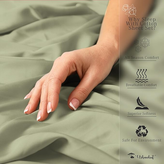 URBANHUT 1000 Thread Count Damask Striped Twin Size Egyptian Cotton Sheets, Long Staple Soft & Breathable, 4 Pc Bed Sheet Sets, Luxury Hotel Sateen Sheets Fits 16" Deep Pocket - Sage