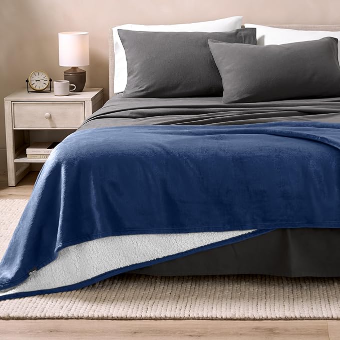 Bare Home Sherpa Fleece Blanket - Full/Queen Size - Blanket for Bed, Sofa, and Couch - Warm & Lightweight - Fluffy & Soft - Reversible (Full/Queen, Dark Blue)