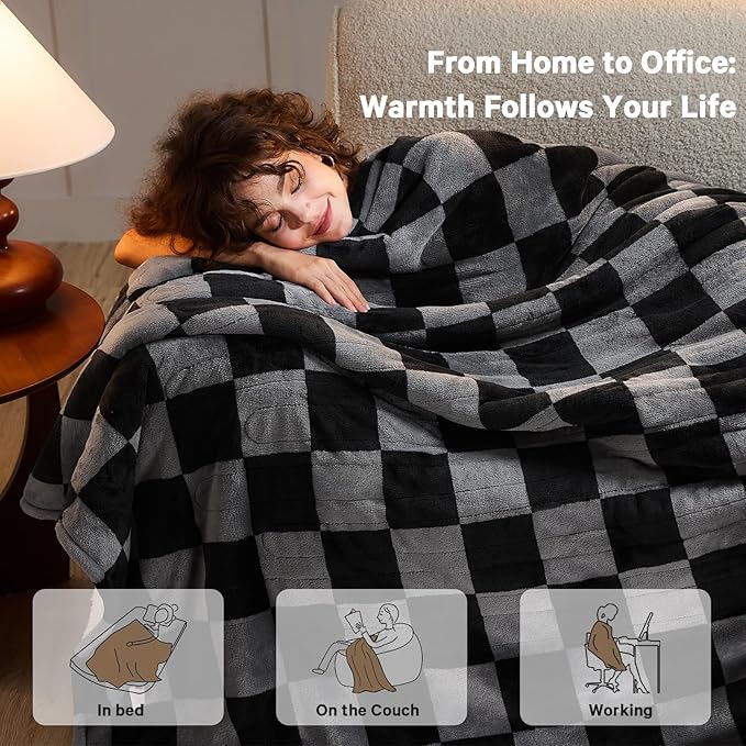 Heated Electric Blanketc Throw, 50X60 Heating Blanket with 10 Heat Level & 8 Hours Auto Off for Lap, Black Gray Checkered Plaid Soft Sherpa Blankets Warmer Gifts for Couch Grandma Women Adults