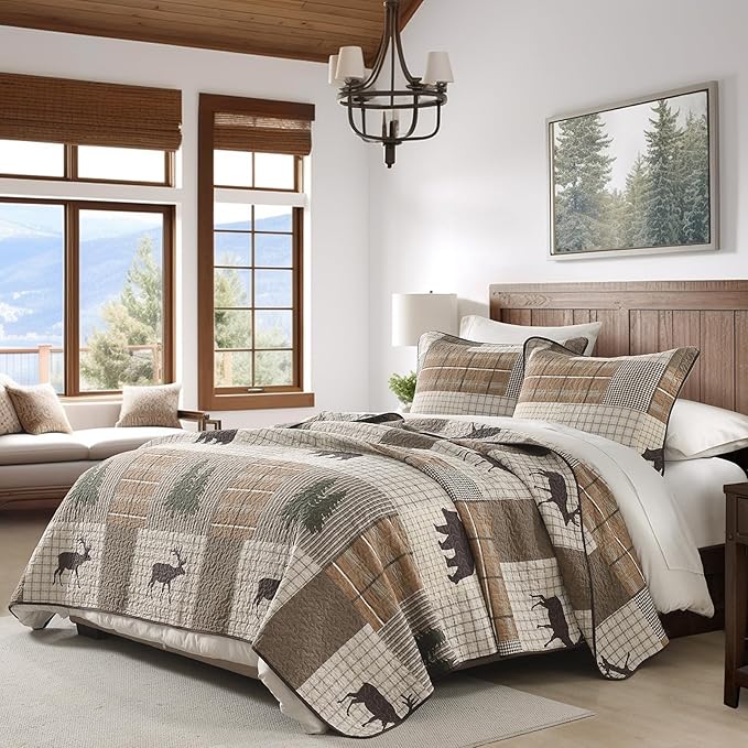 Uniclinens 100% Cotton Quilts Queen Size - Farmhouse Cabin Lodge Bear Deer Tree Quilt Set, Soft Patchwork Plaid Bedspreads Lightweight Quilted Comforter with 2 Pillow Shams, Green/Brown/Cream