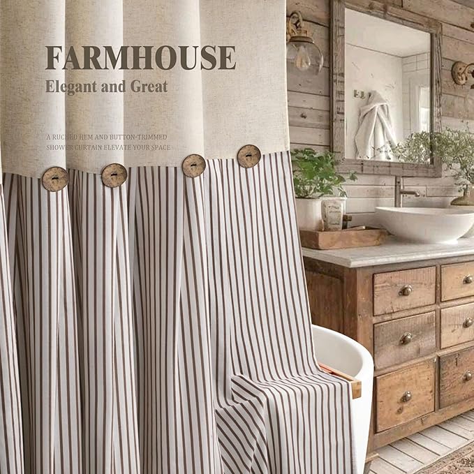 Farmhouse Shower Curtain Linen Beige Button Woven Fabric Country Rustic Western, Pleated Brown Stripe 72" W x 72" L