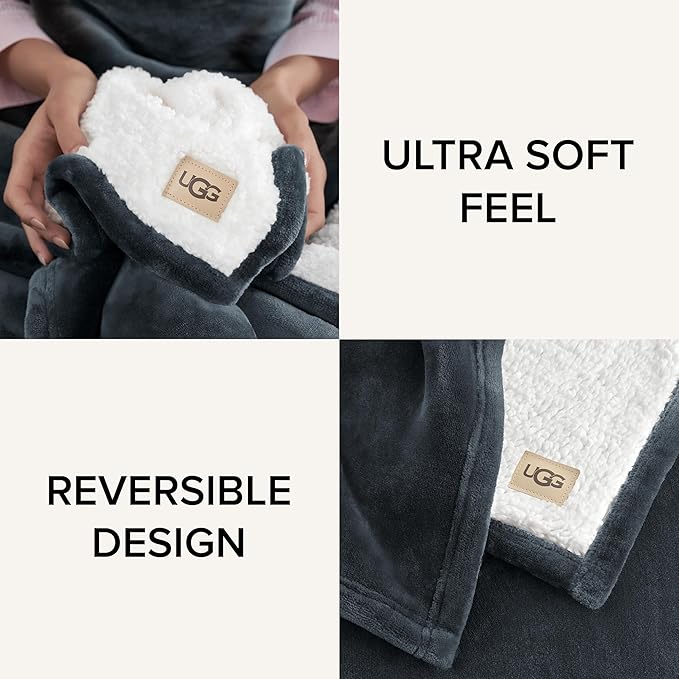 UGG Ariana Twin/Twin XL Blanket Fleece Fluffy Reversible Soft Fuzzy Bedding Cozy Big Plush Warm Oversized Bed Blanket Machine Washable Bedroom Decor for Dorm or Bed, 60-inch x 90-inch, Charcoal Grey