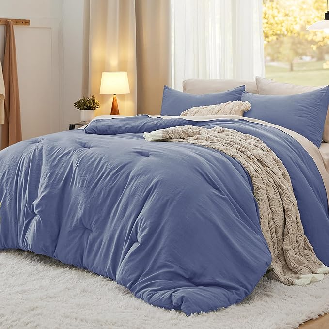 Bedsure Queen Size Comforter Set, Blue Soft Prewashed Bedding for All Seasons, 3 Pieces GentleSoft™ Warm Down Alternative Bed Set, 1 Lightweight Comforter (90"x90") and 2 Pillowcases (20"x26")