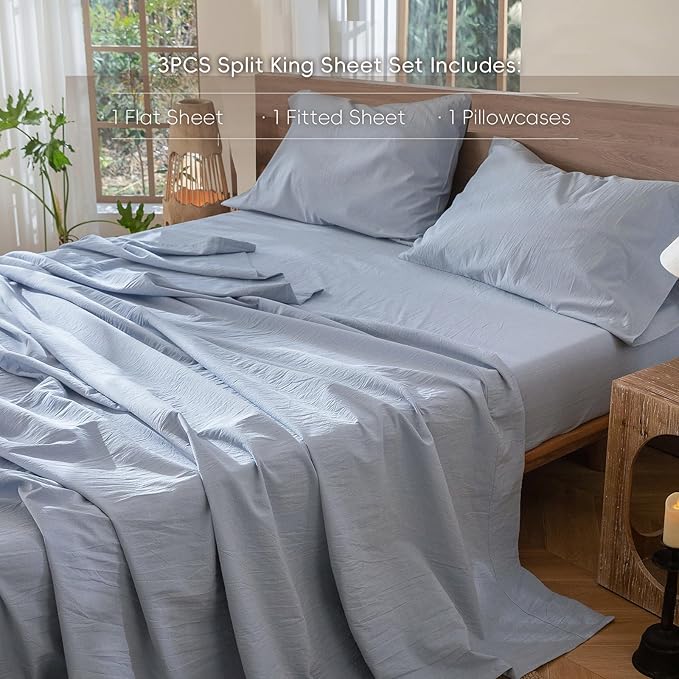 MooMee Bedding Sheet Set 100% Washed Cotton Linen Like Textured Breathable Durable Soft Comfy (Heathered Cornflower Blue, Twin XL)