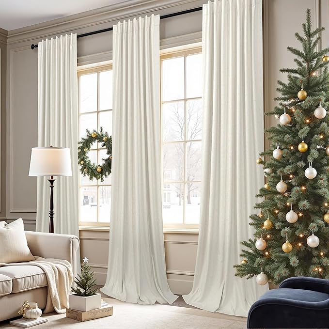 Neutral Blackout Curtains 132 Inches Long Elegant Villa Cottage Cabin 12 Foot ft Tall Linen Textured Room Darkening Curtain for Sliding Door 2 Panels Privacy Room Divider Drapes for Living Room Cream