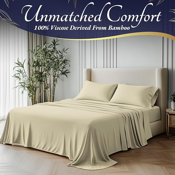 DECOLURE 100% Viscose Derived from Bamboo Sheets Full Size 4pcs - Ultra Soft & Luxuriously Cooling, 17" Deep Pocket, Double Stitching, Perfect for Hot Sleepers - Full Bed Sheets (Creme)