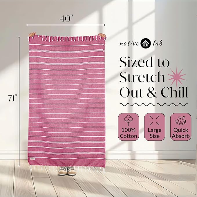 Native Fab Turkish Beach Towels - 6 Oversized Towel (40"x71"), Soft, Lightweight & Absorbent, 100% Cotton, Sand Free, Quick Drying, Ideal for Summer, Pool, Spa, Gym & Outdoors - Multicolor 6 Towels