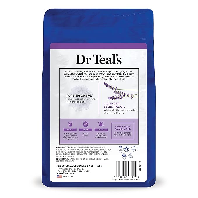 Dr Teal's Pure Epsom Magnesium Salt Soak, Soothe & Sleep with Lavender, 3 lb (Pack of 4)