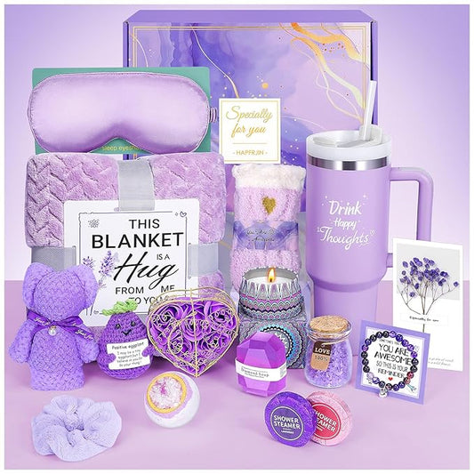 Birthday Gifts for Women Self Care Gifts Get Well Soon Gifts, Lavender Relaxing Spa Gifts Basket Care Package w/ Flannel Blanket 40 oz Tumbler, Unique Mothers Day Gifts for Mom Her Friend Sister Wife