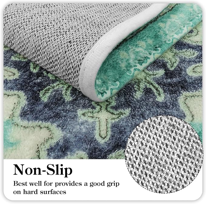 Uphome Boho Vintage Bathroom Rug Green Non-Slip Soft Bath Rug Machine Washable Oriental Bathroom Mat Traditional Farmhouse Floral Floor Mats for Bathtub Shower Entryway, 20x31 inch
