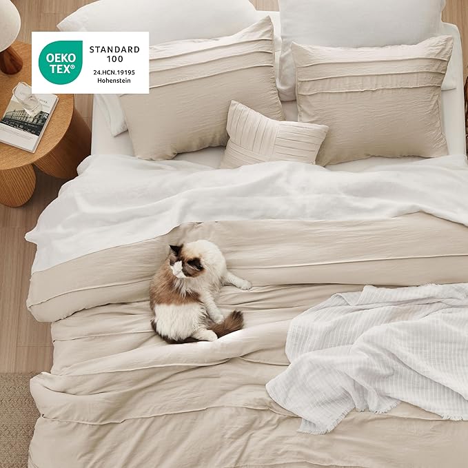 Bedsure Full Comforter Set - 4 Pieces Pinch Pleat Bed Set, Linen Boho Bedding for All Season, 1 Soft Comforter, 2 Pillowcases, 1 Decorative Pillow