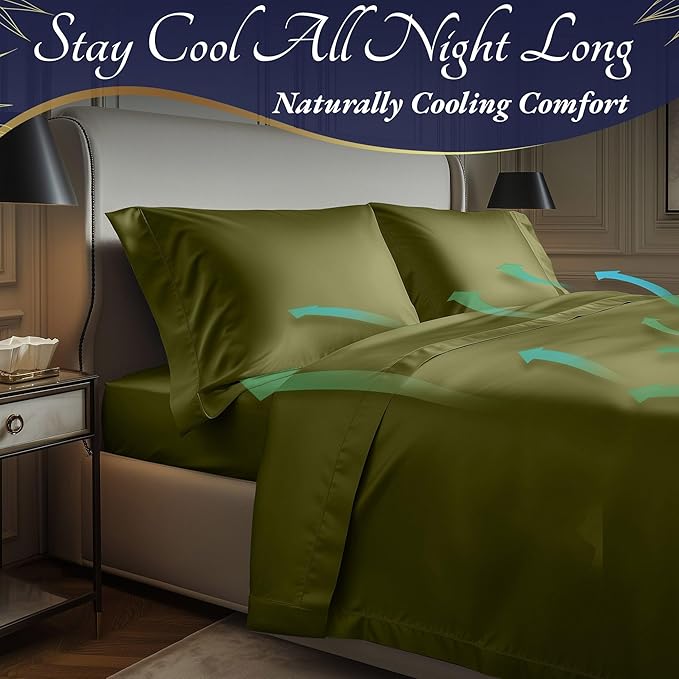 DECOLURE 100% Viscose Derived from Bamboo Sheets Twin Size 3pcs - Ultra Soft & Luxuriously Cooling, 17" Deep Pocket, Double Stitching, Perfect for Hot Sleepers - Twin Bed Sheets (Light Olive)