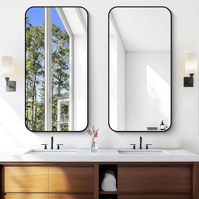 Bathroom Mirror, 48 x 24 inch Black Rectangle Wall Mirror, Metal Framed Rectangular Vanity Mirror, Rounded Corner Wall Mounted Mirror for Modern Bedroom Living Room Horizontal/Vertical