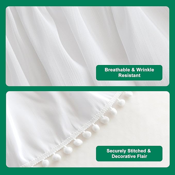 Biscaynebay Wrap Around Bed Skirts with Pompom for King Beds 15" Drop, White Adjustable Elastic Dust Ruffles Easy Fit Wrinkle & Fade Resistant Silky Luxurious Fabric Machine Washable