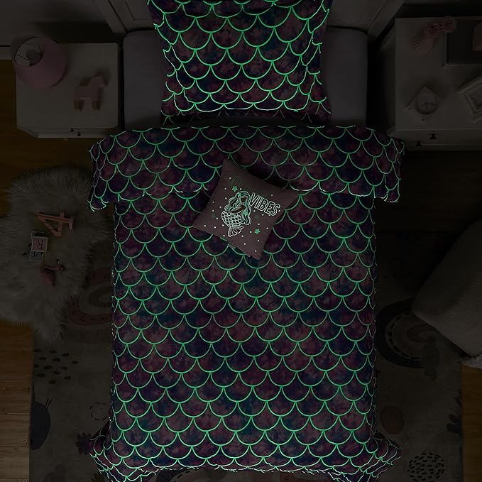 Twin Comforter Set for Girls- 3 Pieces Glow in The Dark Mermaid Twin XL Bedding Set with 1 Comforter, 1 Decor Pillow & 1 Pillow Shams