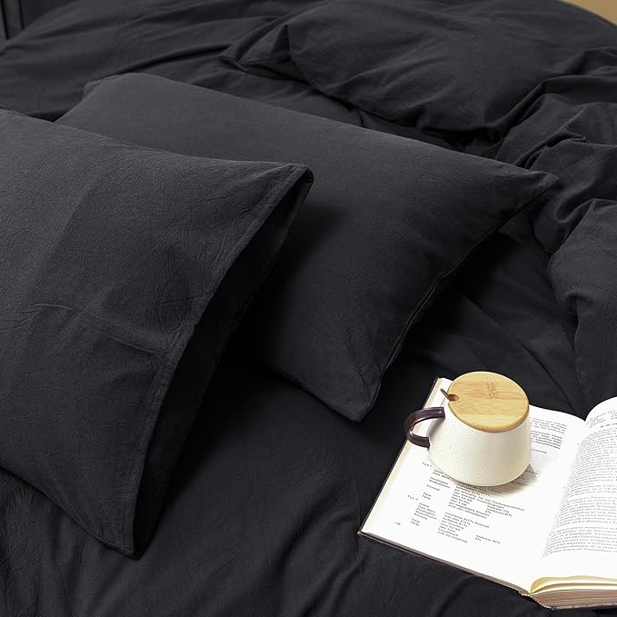 FOSSA Duvet Cover Set 100% Washed Cotton Linen Feel Super Soft Breathable Cozy 3 Pieces Bedding Sets Solid Black Oversized King Plus