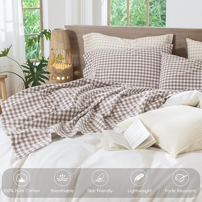 MooMee Gingham Sheet Set 100% Washed Cotton Linen Like Textured Breathable Soft w/Fully Elasticized 16-19" Deep Pocket (Classic Gingham Brown, King)