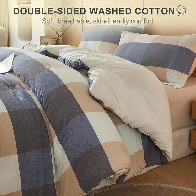 100% Cotton Comforter Set King Size – Reversible Yarn-Dyed Checkered Design, Soft Washed Cotton on Both Sides, Lightweight All-Season Bedding, Machine Washable(Blue White Plaid, 104”x90”)