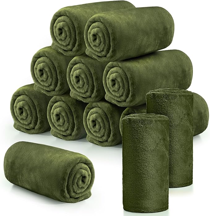 Tinideya 12 Pcs Flannel Fleece Throw Blanket Bulk 50 x 60 Inch Soft Fleece Blanket Warm Throw Blanket Coral Blankets for Couch Sofa Home Wedding Gifts Season (Army Green)