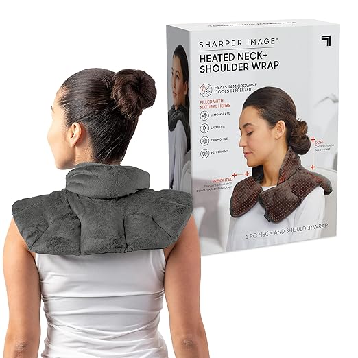 Sharper Image Heated Neck & Shoulder Wrap - Microwavable Warm & Cooling Plush Pad, Scented Aromatherapy (100% Natural Lavender & Herb Spa Blend), Pain Tension Headache Relief Therapy, Gift for Women