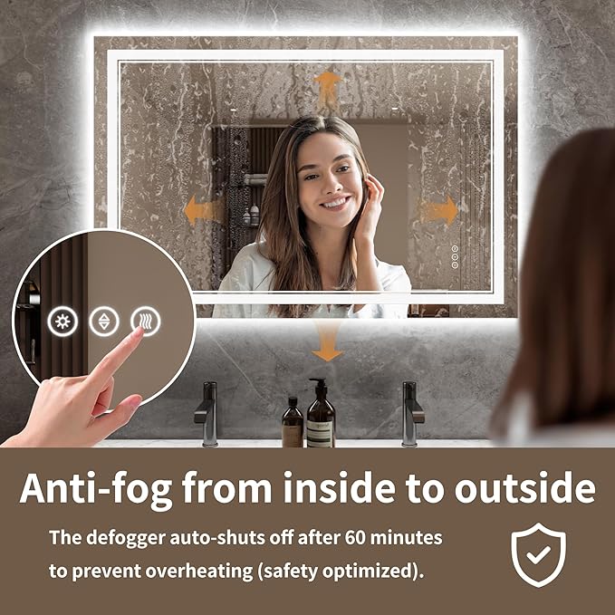 Bathroom Mirror with Lights 32"X48" with Front Light and Backlit, Tempered Glass, Wall Mount Horizontal/Vertical, Stepless Dimmable, 3 Colors, Anti Fog, Bathroom Memory LED Mirror