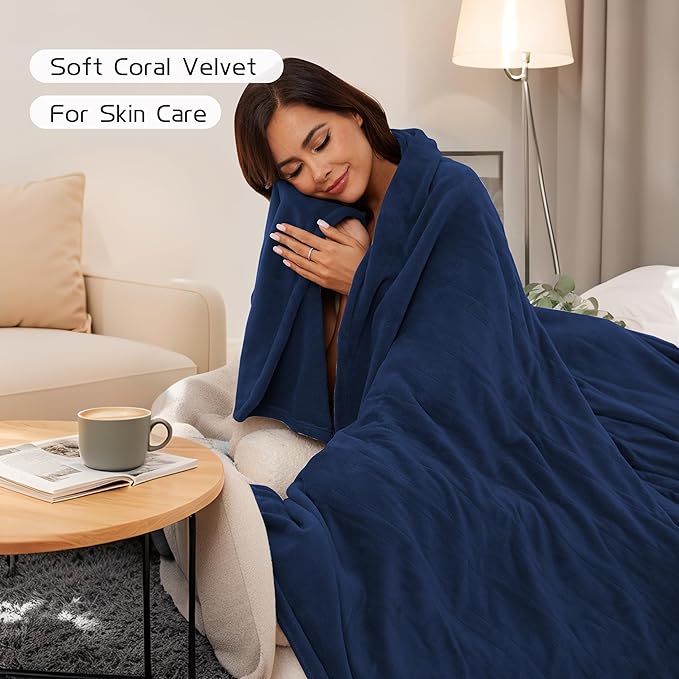 Electric Heated Blanket 84"x90" Queen Size, Soft Coral Fleece, Dual Controllers with 4 Heating Levels and 10 Hours Auto-Off, Machine Washable, Cozy Plush Fabric for Home, Dark Blue