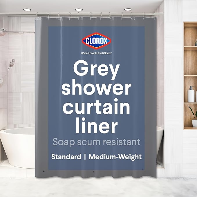 CLOROX Shower Curtain Liner, Premium Colored Medium-Weight Durable Waterproof 6g PEVA for Bathroom with Weighted Magnets, Standard Size 72" x 72", Grey