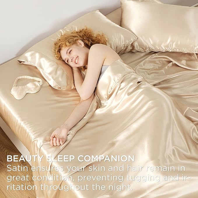 Bedsure Satin Sheets Queen Size - 4 Piece Silky Bedsheets with 15 Inches Deep Pocket Fitted Bedsheet,1 Flat Sheet, 2 Satin Pillowcases, Good for Hair & Skin (Queen, Champagne)