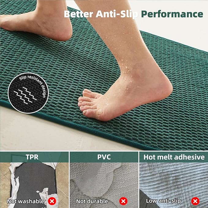 Bathroom Rugs Non Slip Washable, Super Absorbent Thin Bath Mat Quick Dry Low Pile Bathroom Rug, Dark Green 24"x47"