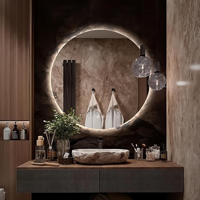 Round LED Mirror for Bathroom, 24" Circle Frameless Backlit Mirror with Lights, Wall Mounted Vanity Mirror, 3 Colors, Dimmable, Anti-Fog, IP65 Waterproof, Memory Function, UL Listed