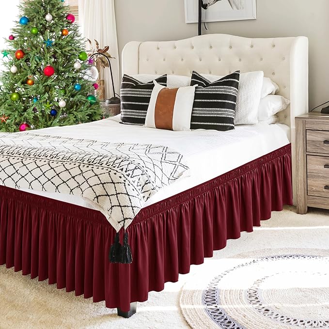 Biscaynebay Wrap Around Bed Skirts for Full & Full XL Beds Short Drop of 12", Burgundy Adjustable Elastic Dust Ruffles Easy Fit Wrinkle Resistant Silky Luxurious Fabric Machine Washable